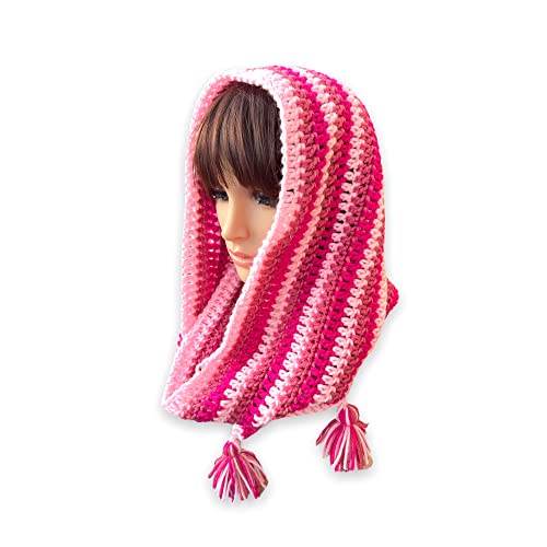 Handmade Enid Crochet Snood from Wednesday show. Pink Striped Infinity Scarf with Tassels. Nevermore Cowl. Friendship Snood.