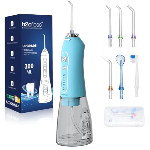 H2ofloss Irrigador dental de agua portátil inalámbrico, 5 modos IPX7 impermeable, irrigador bucal recargable de 300 ml para limpieza de dientes, azul cielo