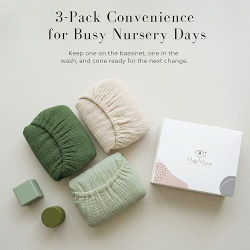 Image of MairMore 3 Pack Muslin Bassinet Sheets for Babies, Soft & Breathable 100% Cotton Fitted Sheets for Oval, Rectangle, Hourglass Bassinet Mattress Pads (Grass Green)