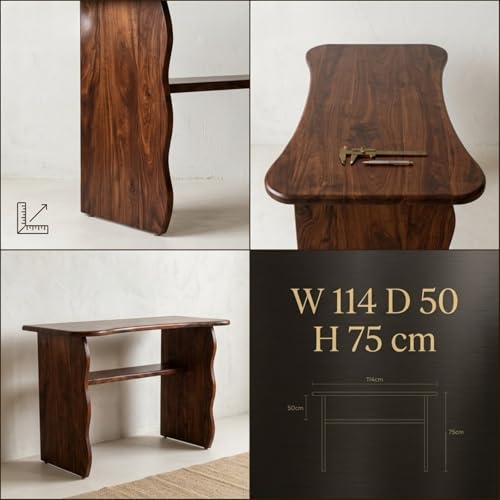 Image of Wooden Console Table for Living Room | Entryway Hallway Sofa & Fish Tank Table | Modern Curved Design with Open Storage Shelf | Decorative Display Stand Furniture | Brown Finish