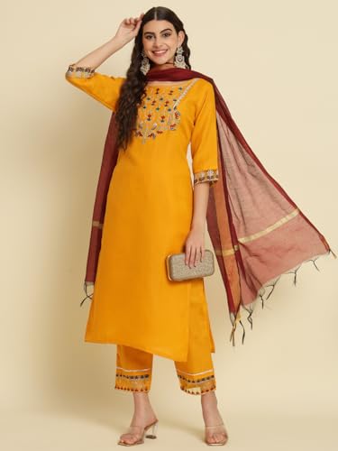 Image of VredeVogel Women's Cotton Blend Kurta Pant Set with Chanderi Silk Dupatta