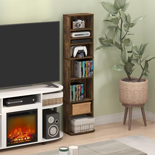 Furinno Jaya DVD Shelf, 8-Tier Tall Narrow CD Rack, Media Shelf with Adjustable Shelves, DVD Storage Cabinets for CD Blueray Game Disc, Easy Assembly, for Living Room, Home Office, Amber Pine - Thumbnail 2