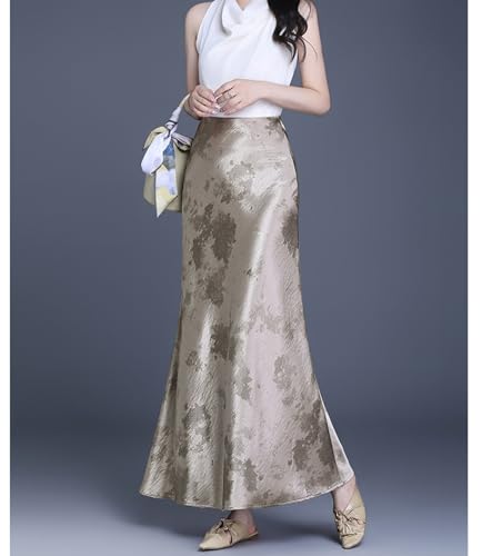Womens Fishtail Skirt High Waist Satin Hip-Covering Fashion Floral Print Long Flowing Hem Casual Skirt2
