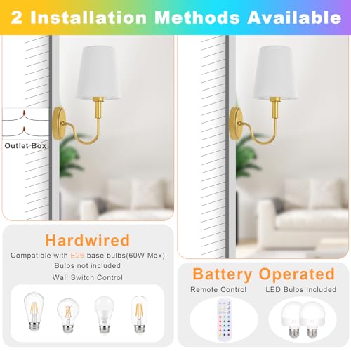 Wireless Rechargeable Wall Sconce, Battery Operated Wall Lights with Remote, Wall Lamps with Dimmable RGB LED Bulbs, No Wiring Gold Sconces Wall Decor Set of 2 for Bedroom Living Room Hallway - image 4