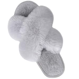 Women’s Cross Band Slippers Fuzzy Soft House Slippers Plush Furry Warm Cozy Open Toe Fluffy Home Shoes Comfy Indoor…