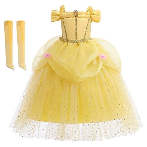 HOIZOSG Belle Princess Dress Up for Girls Beauty and The Beast Carnival Costume Christmas Birthday Party Gown w/Arm Sleeves 6-7T Cover