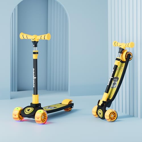 Image of Baybee Kitty Kick Scooter for Kids | Foldable 3 Wheel Kid Scooter with 4 Height Adjustable Handle & Brake | Skate Scooters with LED PU Wheels | Runner Scooters for Kids 3 to 10 Years Boy Girl (Yellow)