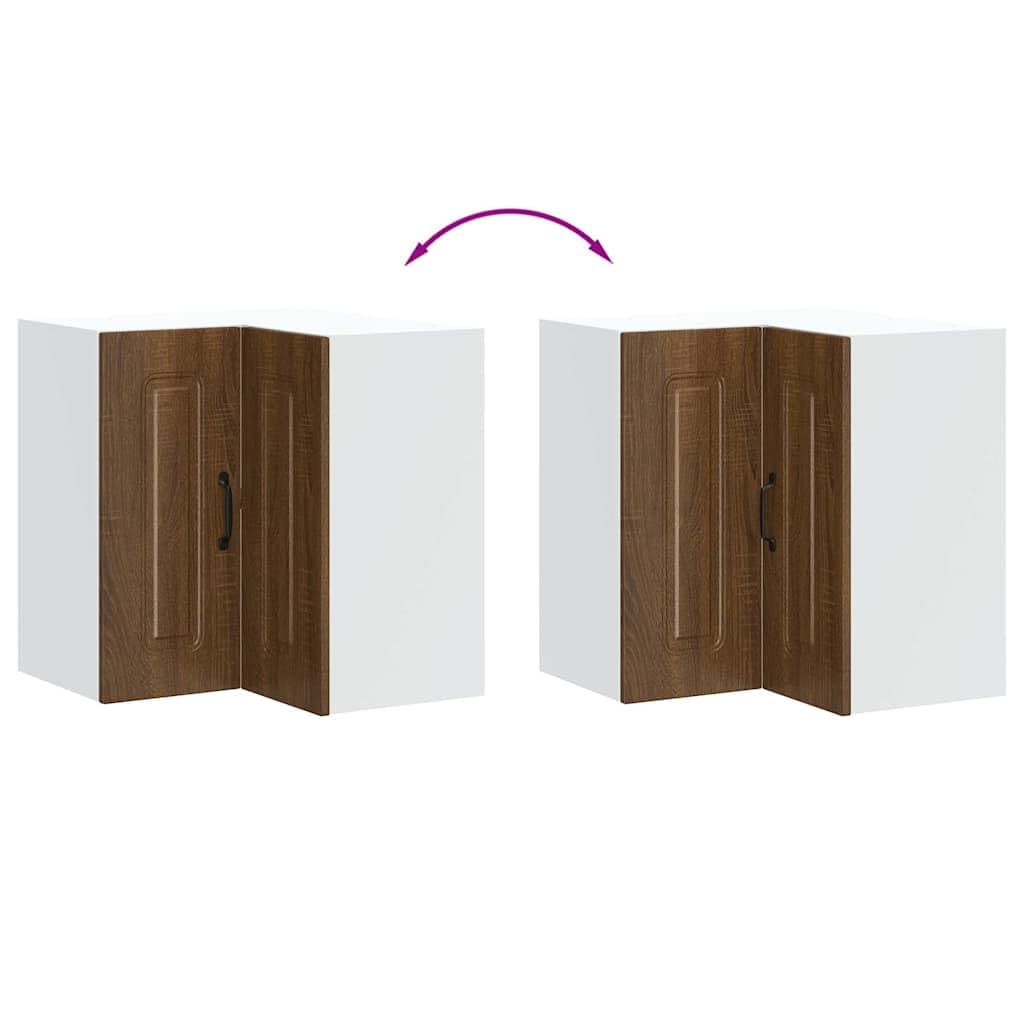 Eck-Wandschrank, Küche, Holz, Eiche, Braun | Glatte Oberfläche, feuchtigkeitsbeständig, verdeckte Tür, Wandhalterung, pflegeleicht, feuchtes Tuch