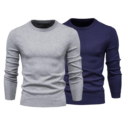 Maiyifu-GJ 2 Pack Mens Crewneck Sweater Long Sleeve Casual Slim Fit Solid Knitted Sweaters Casual Knit Pullover Sweater