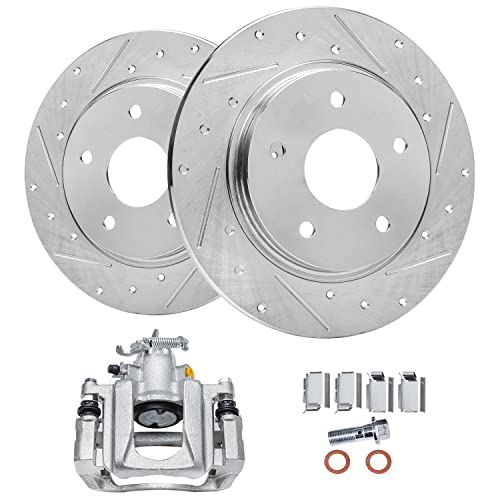 Image of Detroit Axle - Rear Brake Kit for Dodge Grand Caravan Chrysler Town & Country Ram C /V Volkswagen Routan, Drilled & Slotted Disc Brake Rotors Left Brake Caliper Replacement : 12.00 inch inch Rotor