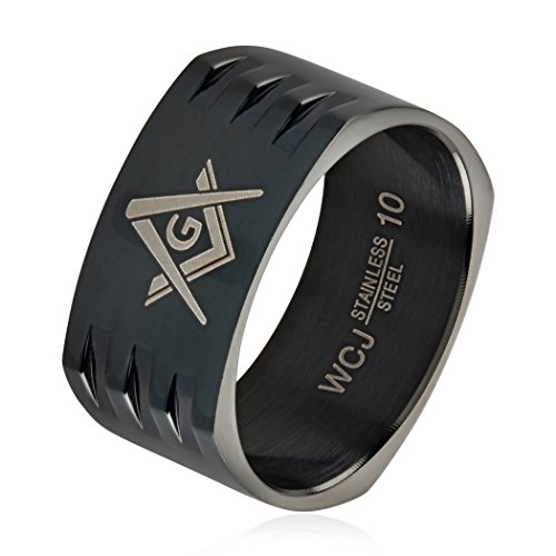 West Coast Jewelry Masonic Black Plated Stainless Steel Round Square Band Ring (10mm) - Size 8