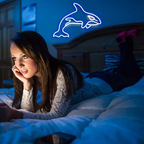 Image of killer whale Neon Sign, Whale Bedroom Wall Decor With Usb Powered Ocean Killer Dimmable Lights Led Sign For Game Room Office Bar Pub Club Man Cave Decoration（16.5 X 12.6 In）
