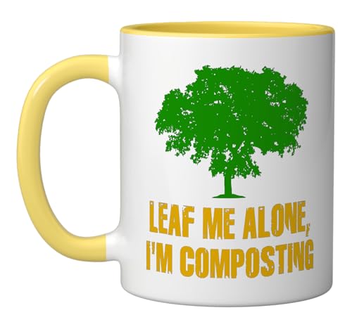 Leaf Me Alone I'm Composting Recycle Ceramic Mug, Yellow/White