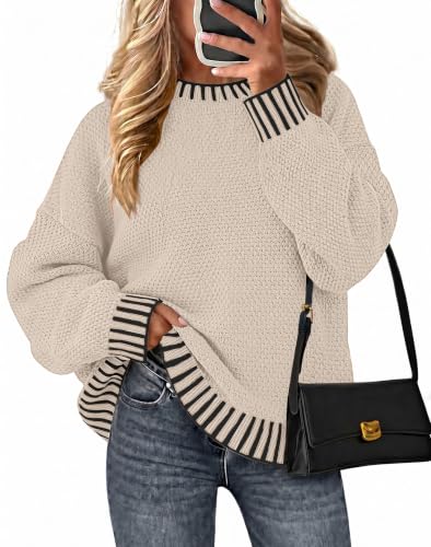 Image of Fall Clothes for Women 2026 Fashion Outfits Knitted Oversized Sweaters | Disamer Womens Sweater Trendy,Color Block Crew Neck Long Sleeve Knitted Pullover Jumper Tops,Striped,Winter Cute Sweaters