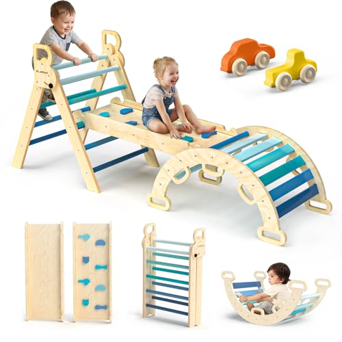 BlueWood Pikler Triangle Set 7in1 Foldable Baby Climbing Toys Wooden Montessori Climbing Set with Arch&Ramp&Ladder Baby Climber Indoor Jungle Gyms for Toddlers Montessori Toys- Sky Blue
