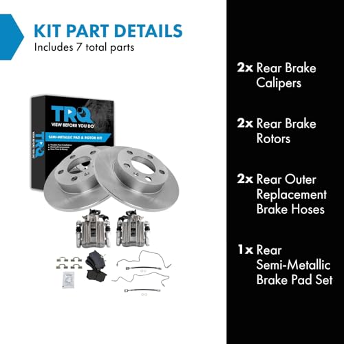 Image of TRQ Rear Brake Pad and Rotor Set Semi Metallic Calipers Compatible with 2007-2010 Volkswagen Beetle 1999 Golf