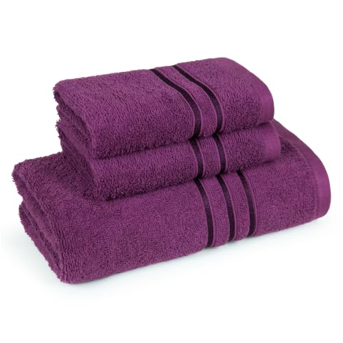 Image of MYTRIDENT Towel Set| Comfort Living | Quick Drying | Travel Friendly | for Men /Women | 3 PC Towel Set | 1 Bath (70 cm x 140 cm) 2 Hand (40 cm x 60 cm) | 100% Cotton 400 GSM - Black Currant