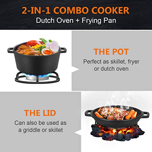 Foto von Gifort Dutch Oven, Gusseisen Topf Schmortopf Bräter mit Deckel für BBQ Küche Camping Brot Backen, Feuertopf Set mit Rack, Zange, Bürste und Clips