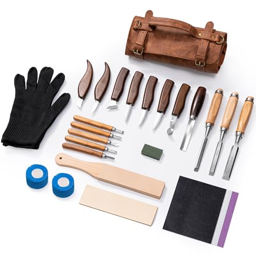 25 PCS Wood Carving Kit,Woodworking Tools,Wood Carving Knives with Leather
