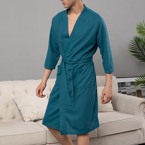 Men's Waffle Knit Robe Soft Comfy Knee Length Long Sleeve Bath SPA Hotel Hot Tub Bathrobe w/Pockets4