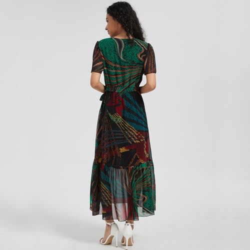 Image of Women's Summer Bohemian Floral Chiffon Dress Cap Sleeve V Neck Ruffle Long Flowy Boho Casual Vacation Dresses