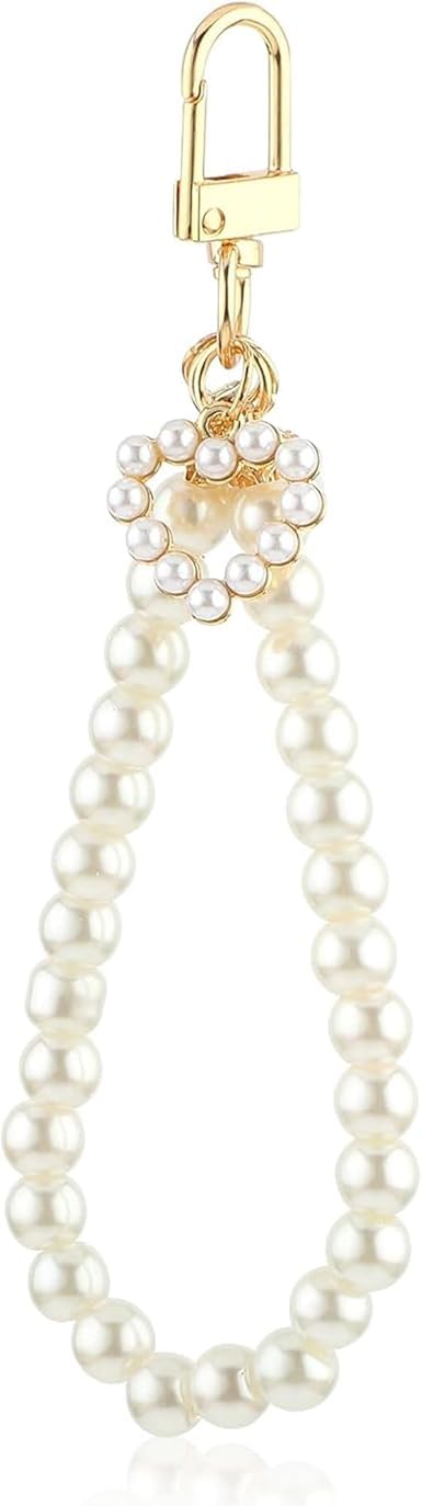 Opemg Unisex Golden Cute Chain Pearl Keychain Wristlet Women's Imitation Pearl Car Key Chain Backpack Key Pendant Accessories Love Heart Car Keychain Girly Key Chains Key Ring Charm Gifts