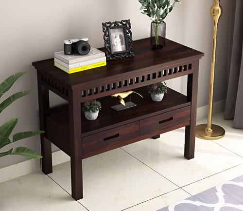 Image of SANPNEET Furniture Solid Wooden sheesham enterace consolie Table for Living Room Bedroom | Home Furniture Console Table with 1 Open Shelves & 2 Drawers Storage (Walnut Finish)