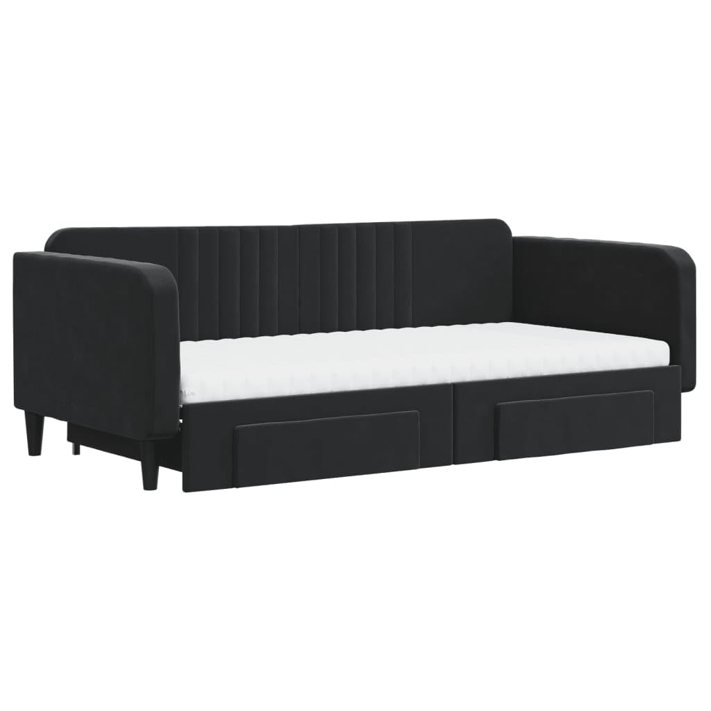 Ausziehbares Tagesbett mit Schubladen Schwarz 100x200 cm Samt Polster Doppelbett mit Lattenrost Stauraum Gästebett Kinderzimmer platzsparend komfortabler Rahmen