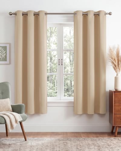 Image of NICETOWN Beige Room Darkening Curtains 63 Inches Long 2 Panels | For Living Room, Bedroom, Nursery, Thermal Insulated, Blackout Drapes, Grommet, Noise Reducing, Window Curtains, W40 inchxL63 inch
