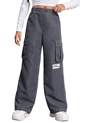 Image of WDIRARA Girl's Letter Patched High Waisted Button Cargo Pants with Pockets Dark Grey 10Y