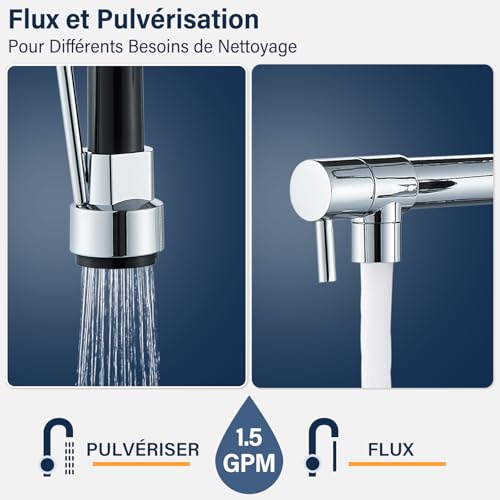 Robinet de Cuisine Avec 2 Jets Mitigeur Monocommande Mitigeur Robinetterie Pulvérisateur Double Fonction Pivotant à 360°Robinetterie à Froid & Chaud Disponible,Laiton Chromé – vue 3