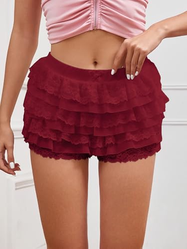 Image of Women Y2K Lace Multi-Layered Bloomers Lolita Ruffle Shorts Cute Mini Skirt | Tiered layers, elastic waist, pumpkin pants, for rave party /country concert /festival