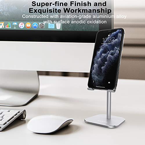 ATUMTEK Universal Cell Phone Stand, Aluminium Alloy Adjustable Phone Stand Holder for Desk Compatible with iPhone 12/11 Pro/XS Max/XR/XS/X/8/7 Plus, iPad, Samsung, Tablets and Smartphones - Silver