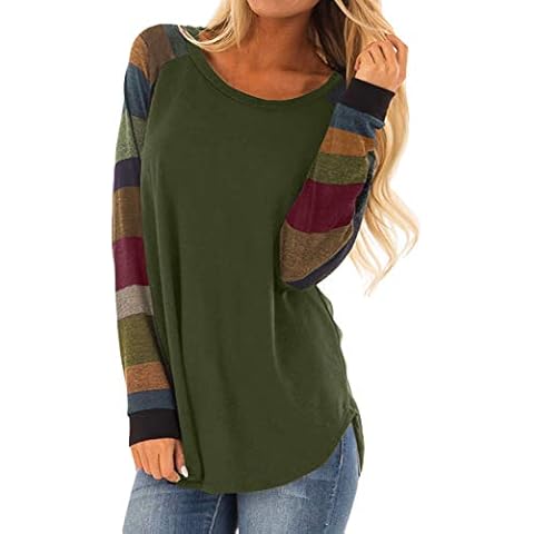 GOLDPKF Womens Blouses Pullover Comfy Long Sleeve T Shirts Color Block Striped Casual Tunic Tops Ladies Tee Shirts Smart Clothes Green Size UK18 UK20 Cover
