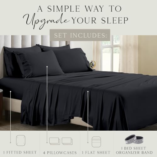 Image of KARISSA MAE 6 Piece Luxury Bamboo Viscose Queen Sheet Set, 4 Pillowcases | FSC Certified | Cooling | Ultra Soft | 18 inch Deep Pockets | Elastic Corner Straps | Includes Organizer Band [Black]
