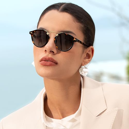 Image of CARFIA Double Bridge Small Acetate Sunglasses for Women Polarized, Retro Metal Brow Ladies Sunnies Fashion Round Eyewears