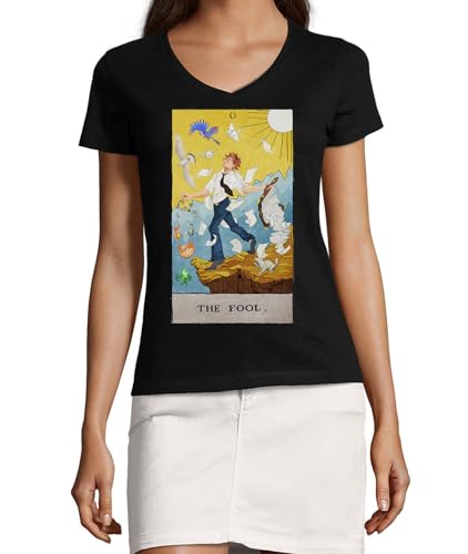 T-shirt col V femme coton noir XXL avec imprimé carte Tarot Le Fou