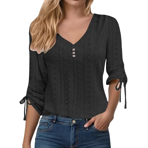 Camicetta da donna con scollo a V e bottoni, a maniche lunghe, casual, traspirante, comoda, per ufficio, lavoro, estate, Nero , S Camicetta da donna con scollo a V e bottoni, a maniche lunghe, casual, traspirante, comoda, per ufficio, lavoro, estate, Nero , S
