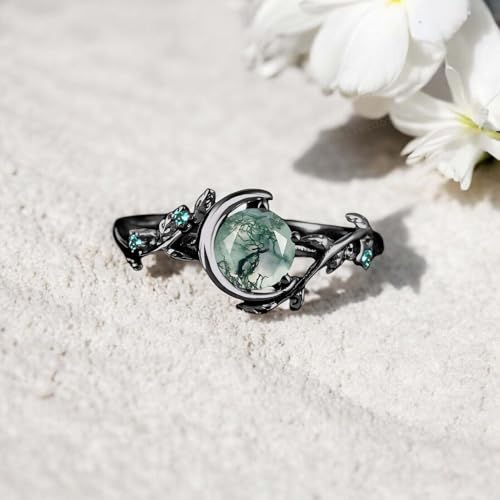 Natural Moss Agate Engagement Ring 14k Black Gold Ring Nature Inspired Emerald Jewelry for Women Gift for Her2