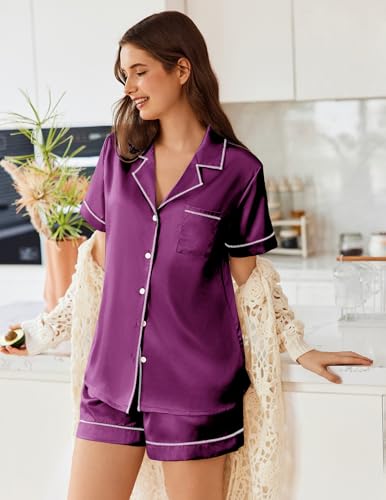 Image of Ekouaer Womens Satin Silk 2 Piece Pajamas Set Short Sleeve Sleepwear | Button Down Top and Shorts Loungewear Set for Sleep, Home, Wedding, Travel, Party, Daily Wear & Great for Sharing