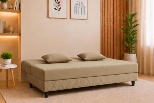 Image of Deco Studio 3 Seater Sofa Bed | Premium Upholstered Velvet Fabric Folding Couch for Living Room, Guest Room & Bedroom | Quilted Backrest with 2 Cushions (Golden)