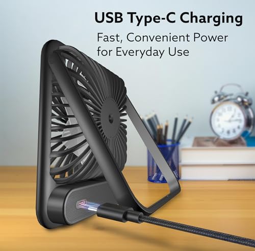 Image of AGARO Primo Rechargeable Portable Desk Fan, Mini Fan with USB Type-C, 3 Speeds, Foldable Adjustable Stand, Long-Lasting Battery, Quiet Personal Cooling for Home, Office & Travel