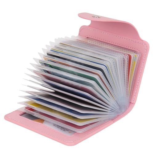 IHIGOGOFA Credit Card Holders Soft Genuine Leather Compact Wallet ID Bank Card Case Purse 40 Thickening Durable Plastic Insert Sleeves and 2 ID Card Slots (Pink)