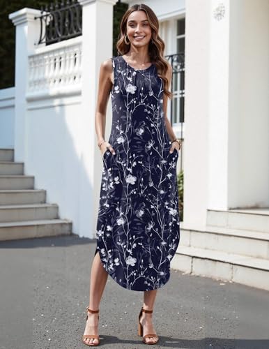 Image of Zeagoo Women Floral Summer Casual Beach Printed Tank Dress with Pockets Pleated Front Long Dress