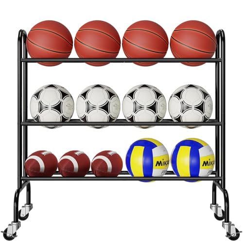 MWQ Basketball Rack 3 Tier Rolling Sport Equipment Holder Ball Storage Cart for Basketball Football and Soccer Suitable for Indoor and Outdoor Black