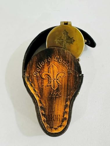 Brújula antigua de cadena para senderismo náutico de bolsillo de latón con grabado en estuche de cuero miniatura 3