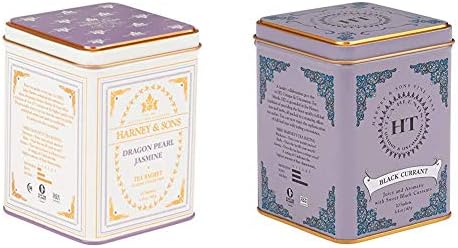 Harney & Sons Dragon Pearl Jasmine Tea, 20 Sachets & Caffeinated Black Currant Black Tea Tin 20 Sachets