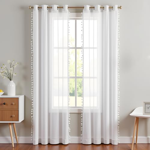 HOMEMONDE Cotton Sheer 8 Feet Curtains with Decorative Side Border Pompom Drapes for Long Door, Linen Textured, Light Filtering, Pack of 2, White - Grommet