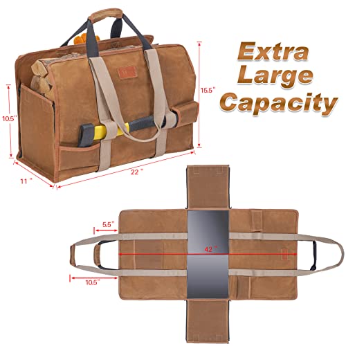 2-in-1 Waxed Canvas Firewood Log Carrier Extra Large Storage Tote Bag for Fire Pit Outdoor Camping, BBQ Barbecue, Wood Carrying Bag with Double Straps for Reinforce, Fireplace Wood Stove Accessories. - Thumbnail 3
