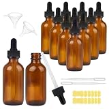 AYMXJK 2oz Dropper Bottles,12 Pack Amber Glass Boston Bottles， 60ml Thick Dark Amber Glass Tincture Bottle with Eye Droppers, for Essential Oils, Perfume, Leak Proof Travel Bottle for Liquids